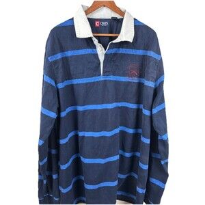 CHAPS Polo Rugby Shirt Mens 2XLT Blue Striped Y2K Rubber Buttons Long Sleeve
